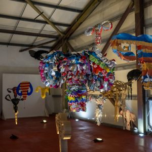 Vue d’ensemble de l’installation Hystérie Collective avec les visiteurs à Karukera
