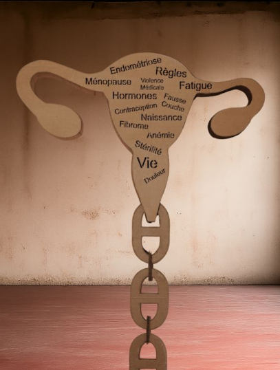 Sculpture en carton intitulée La Matrice, représentant un utérus stylisé évoquant la physiologie féminine, les cycles, les douleurs et la ménopause, etc
