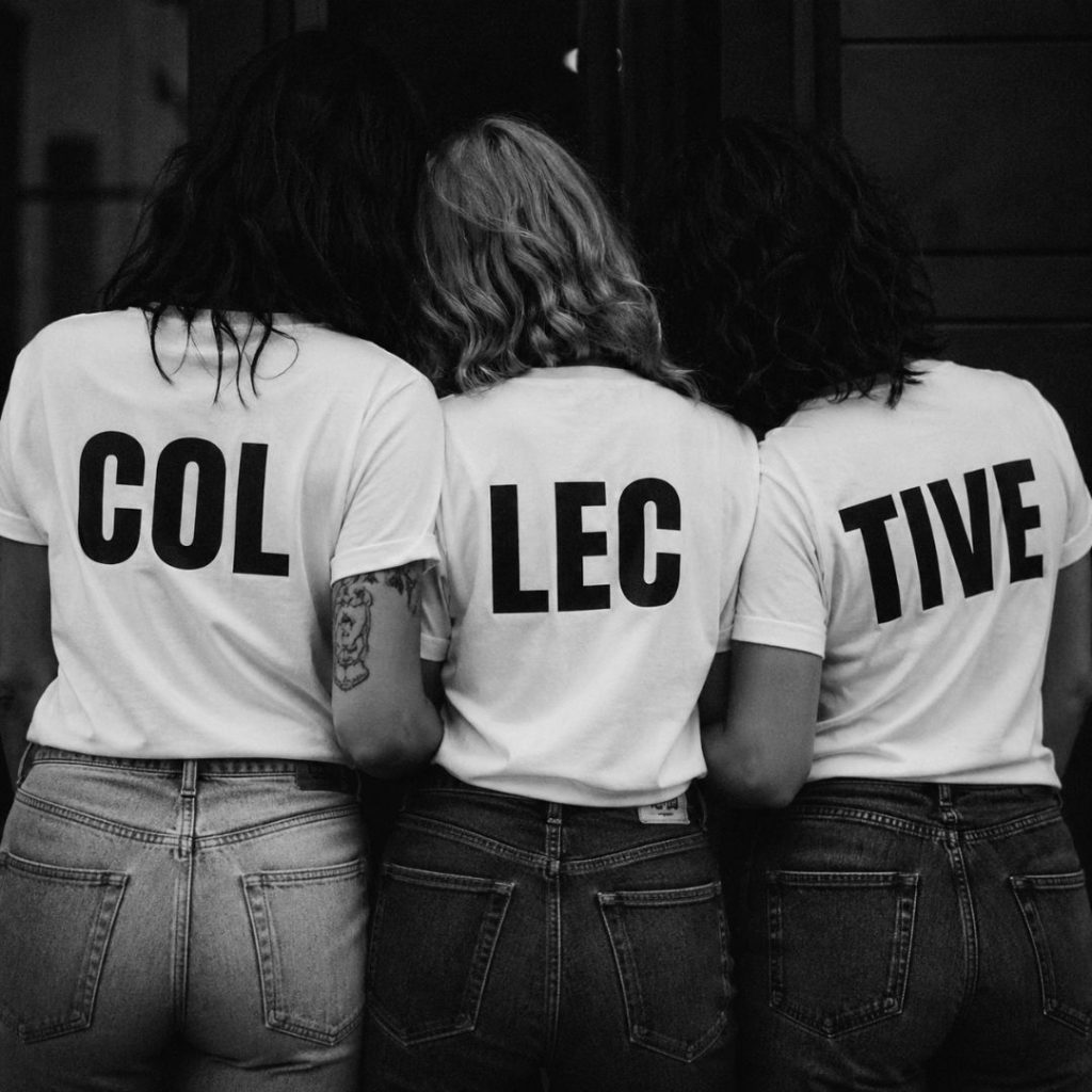 Trois femmes de dos en jean et t-shirt blanc formant le mot COLLECTIVE pour l'article "Collective, forcément collective" – Hystérie Collective