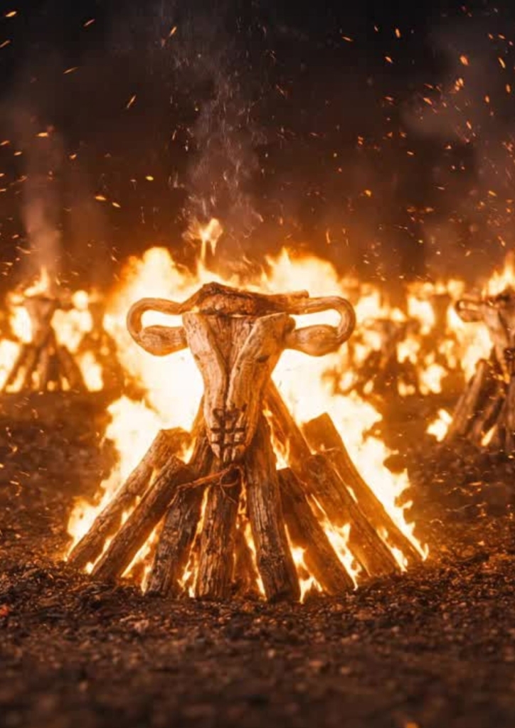 Utérus en bois sculpté sur un bûcher en flammes, illustrant l'article sur la chasse aux sorcières – Hystérie Collective