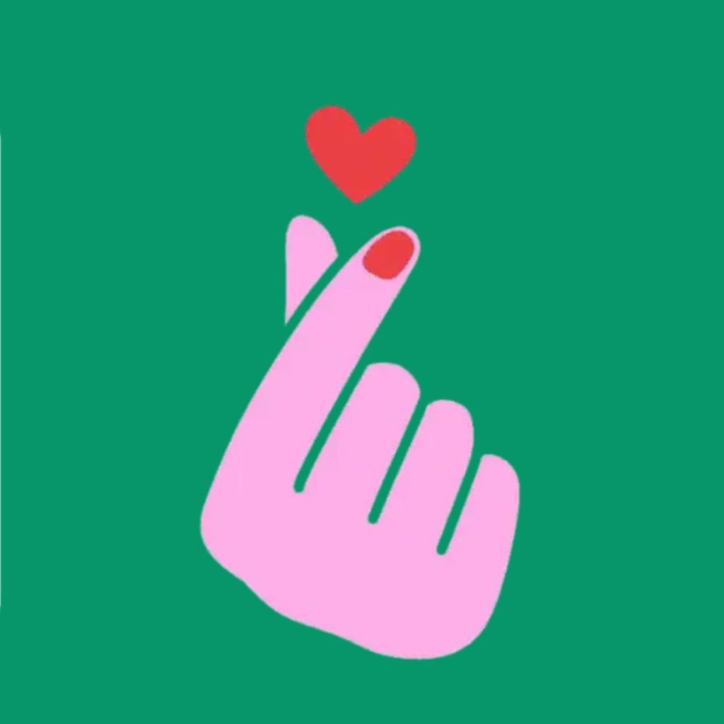 Illustration d'une main faisant un cœur coréen avec un cœur rouge sur fond vert, illustrant l'article My Voice My Choice sur les droits des femmes – Hystérie Collective