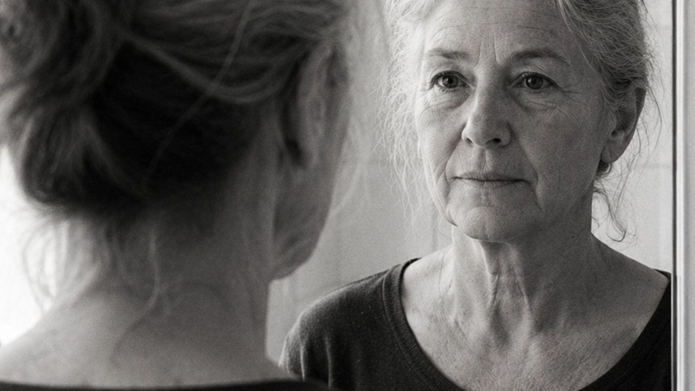 Femme d'une soixantaine d'années vue de dos, se regardant dans un miroir de salle de bain. Son reflet montre un visage naturel, rides visibles, cheveux gris, expression calme et directe. Photo en noir et blanc, style documentaire.