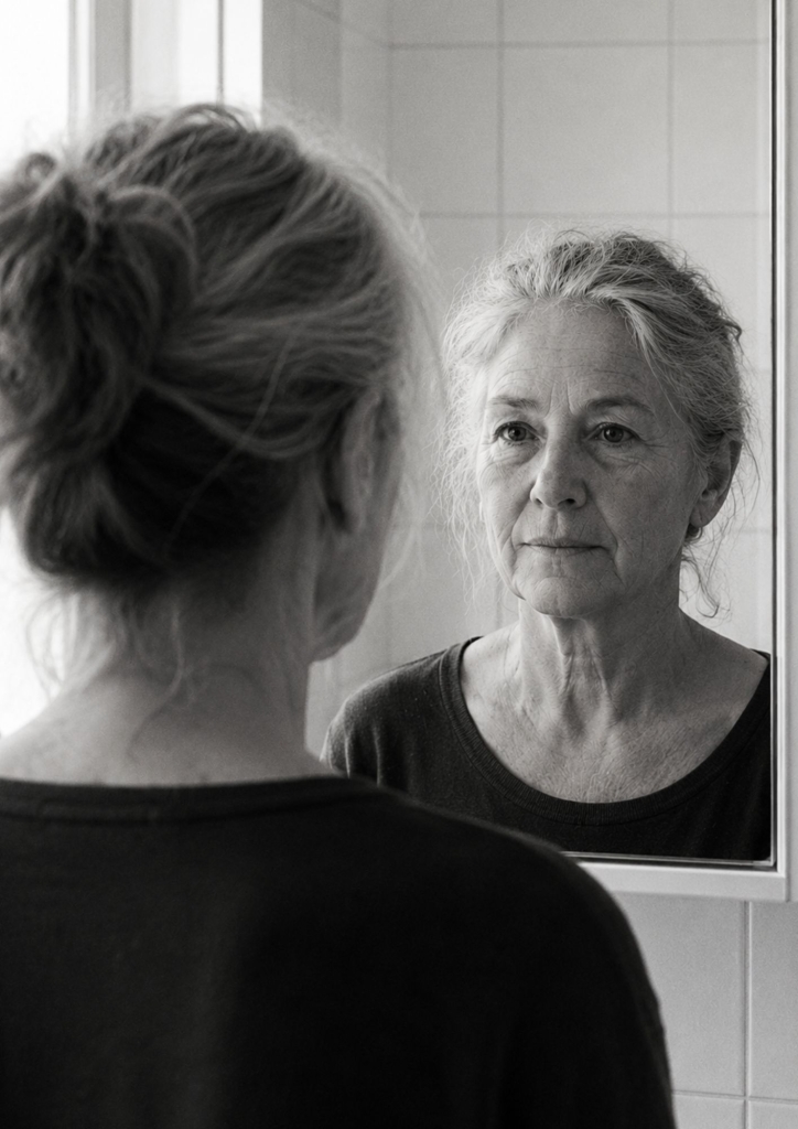 Femme d'une soixantaine d'années vue de dos, se regardant dans un miroir de salle de bain. Son reflet montre un visage naturel, rides visibles, cheveux gris, expression calme et directe. Photo en noir et blanc, style documentaire.